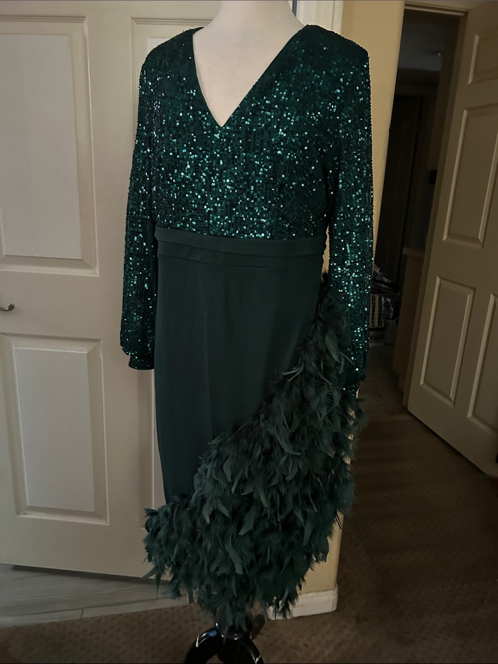 Emerald Sequin & Feather Long-Sleeve Evening Dress